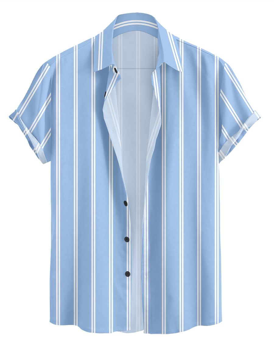 Vertical Striped Short Sleeve Casual Shirt for Men, Stratchable 100% Spandex Material,Black and White