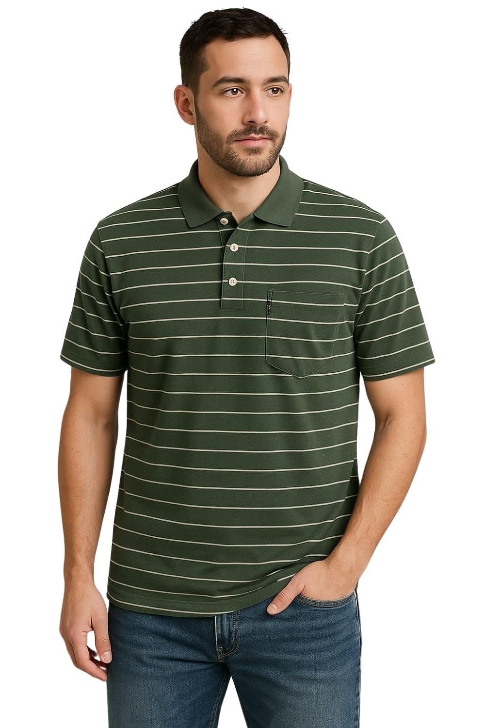 WILD ELEPHANT Men Striped Polo T-Shirt | Cotton Short Sleeve Polo Neck with Button | Chest Pocket Casual Wear - Image 3