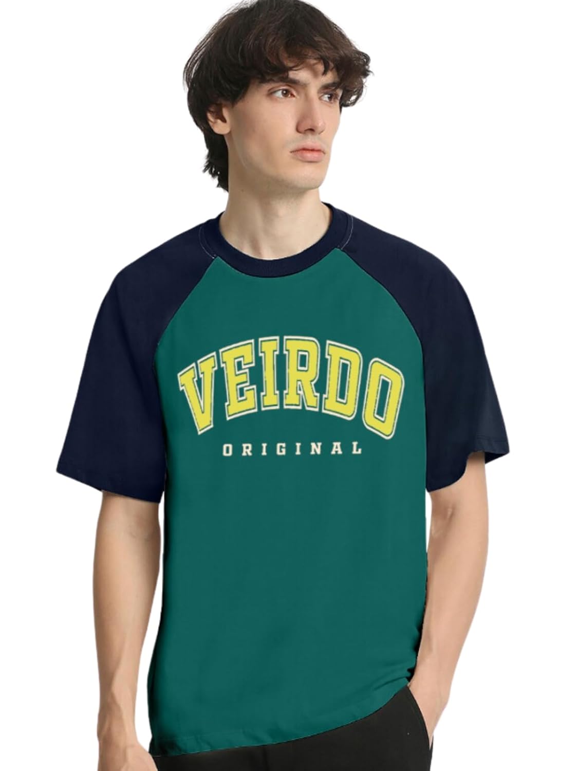 Veirdo® 100% Pure Cotton Oversized Loose Baggy Fit Drop Shoulder Round Neck Cool Front Chest Typographic Logo Printed Raglan Sleeve T-Shirt for Men (Colors: White, Black, Swanwhite, Beige & Grey) - Image 7
