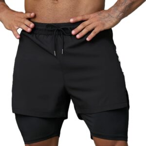 THIRD QUADRANT 2-in-1 Running or Gym Lycra Shorts for Men || Quick-Dry Athletic Shorts ||with Built-in Liner, Black