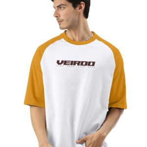 Veirdo® 100% Pure Cotton Oversized Loose Baggy Fit Drop Shoulder Round Neck Cool Front Chest Typographic Logo Printed Raglan Sleeve T-Shirt for Men (Colors: White, Black, Swanwhite, Beige & Grey)
