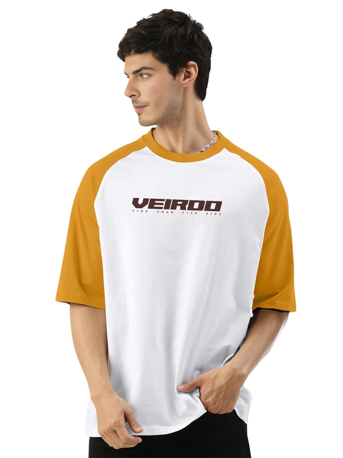Veirdo® 100% Pure Cotton Oversized Loose Baggy Fit Drop Shoulder Round Neck Cool Front Chest Typographic Logo Printed Raglan Sleeve T-Shirt for Men (Colors: White, Black, Swanwhite, Beige & Grey)