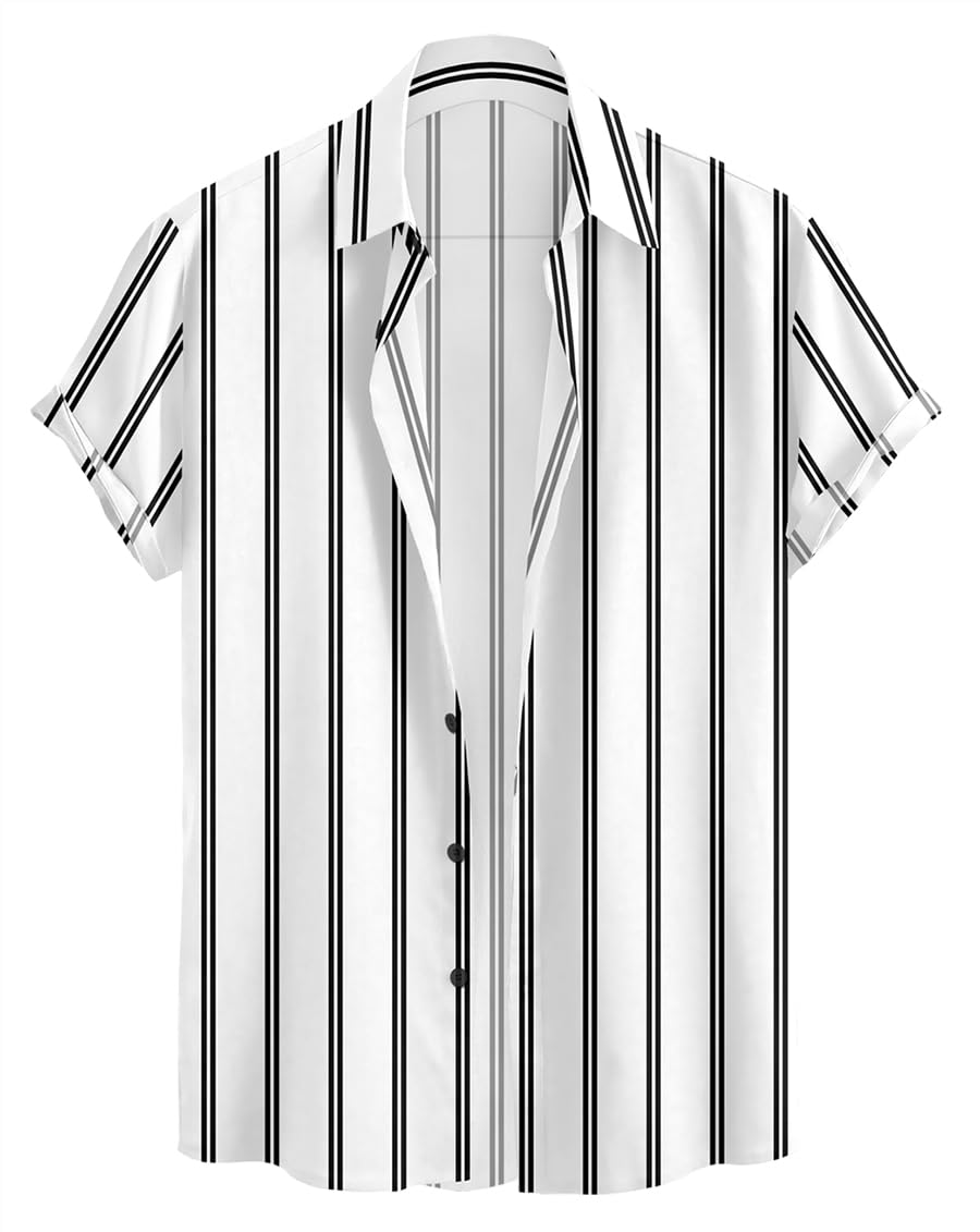 Vertical Striped Short Sleeve Casual Shirt for Men, Stratchable 100% Spandex Material,Black and White - Image 3