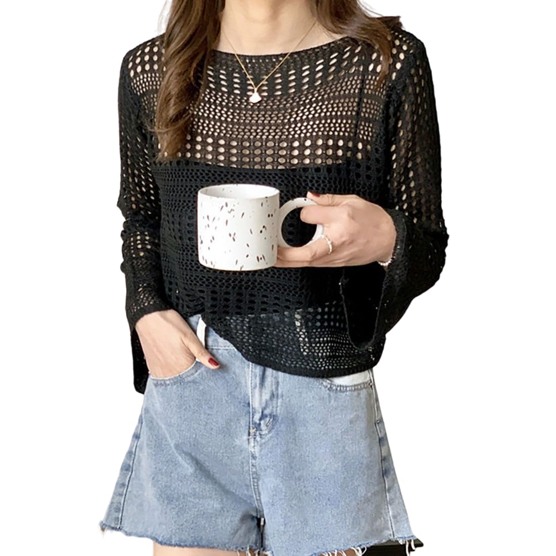 MYSTIFY Women®Short Openwork Sunscreen Knitted Pullover Women Summer Seaside Resort Loose Design Sense Long-Sleeve Sweater Top - Image 4