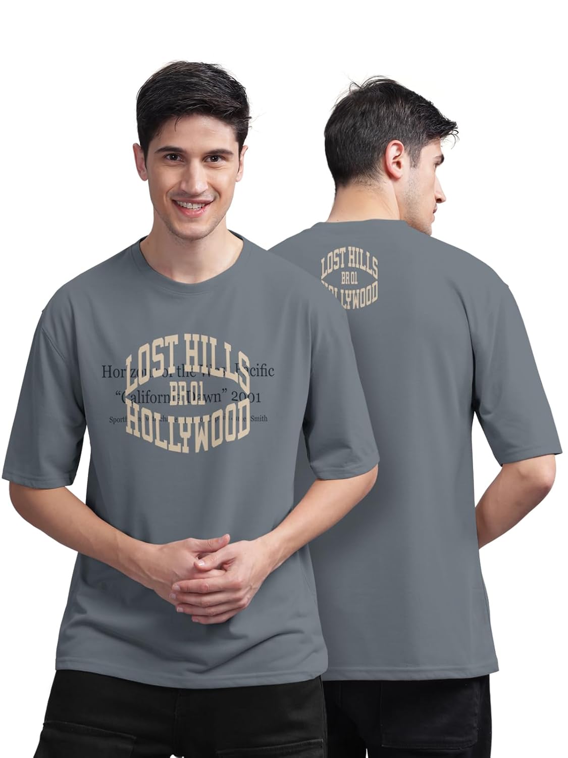 BULLMER Beige Front and Back Printed/Colourblock Baggy/Oversized Tshirt for Men - Image 12