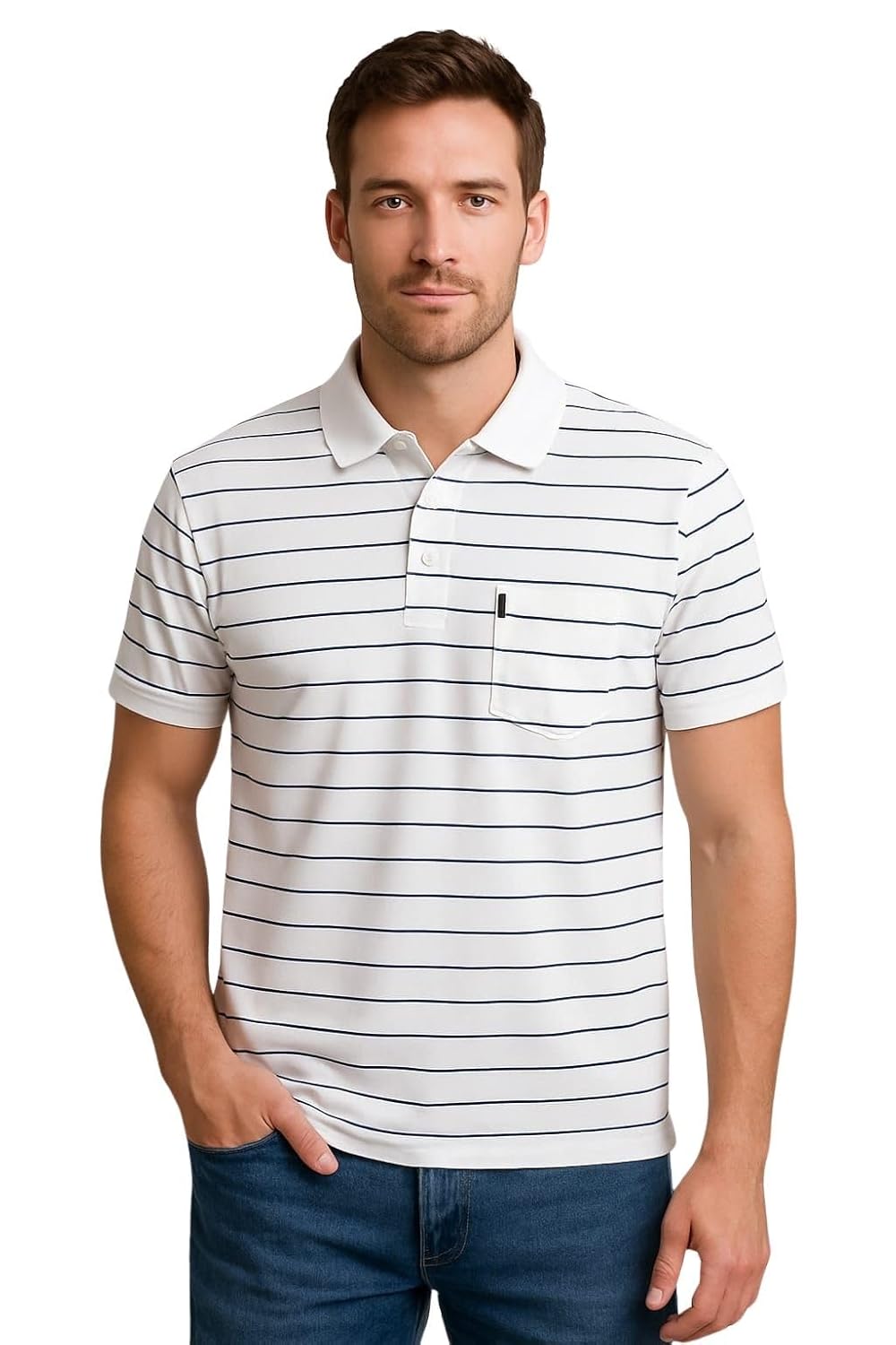 WILD ELEPHANT Men Striped Polo T-Shirt | Cotton Short Sleeve Polo Neck with Button | Chest Pocket Casual Wear - Image 5