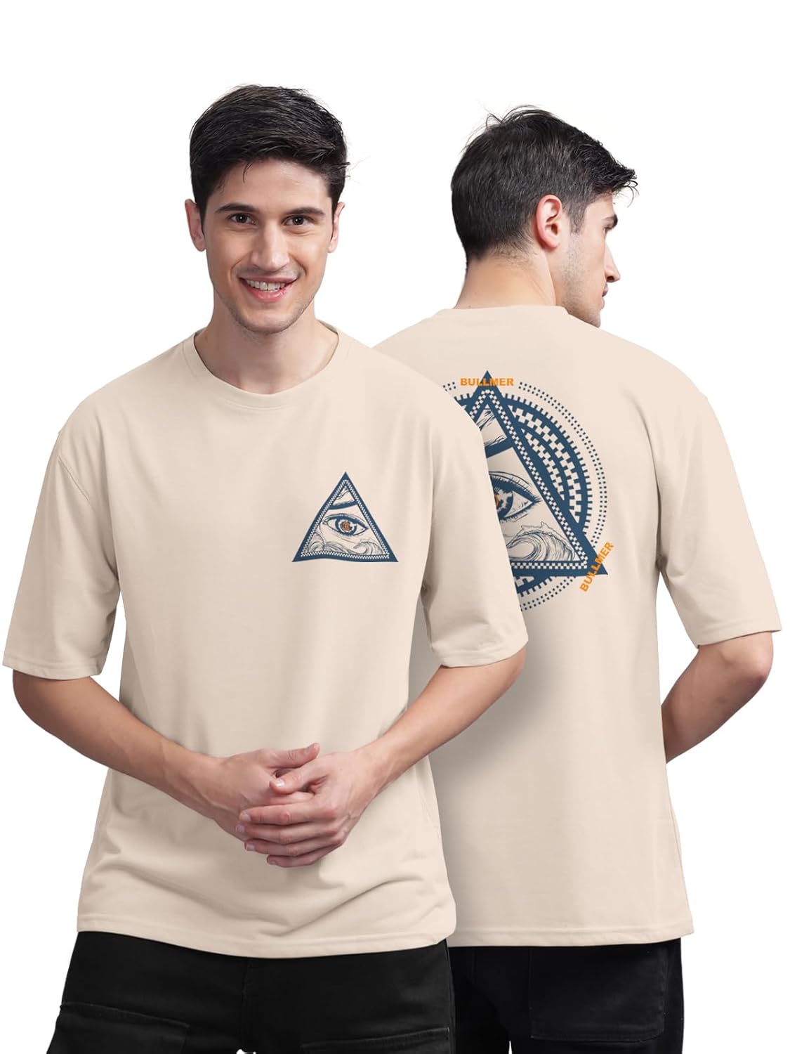BULLMER Beige Front and Back Printed/Colourblock Baggy/Oversized Tshirt for Men - Image 3