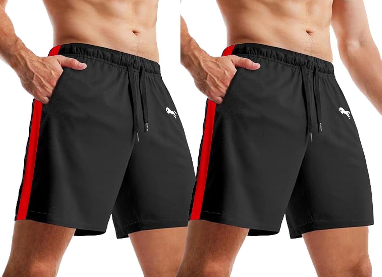 JUST RIDER Men's Athletic Shorts with Side Stripe, Quick Dry, Black and Red, with Pockets - Image 2
