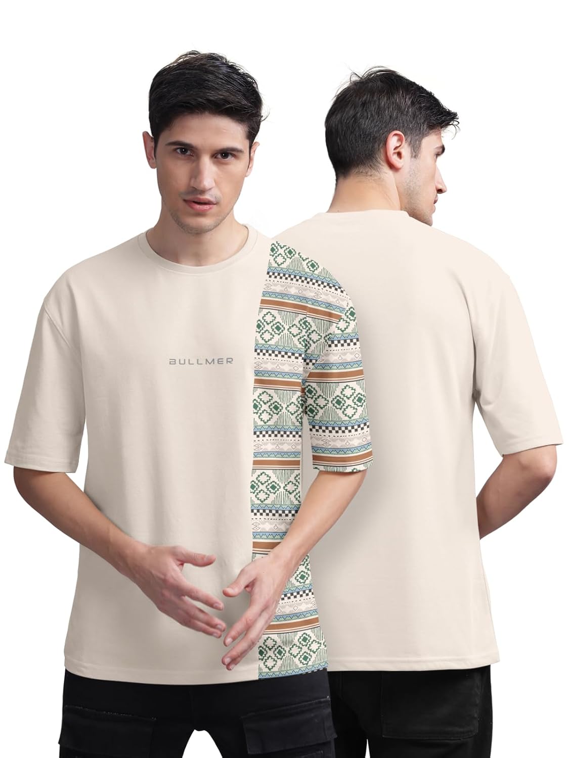 BULLMER Beige Front and Back Printed/Colourblock Baggy/Oversized Tshirt for Men - Image 11