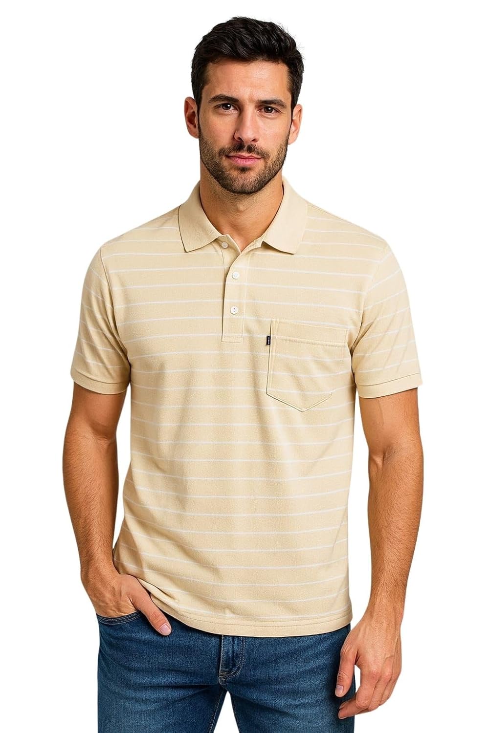 WILD ELEPHANT Men Striped Polo T-Shirt | Cotton Short Sleeve Polo Neck with Button | Chest Pocket Casual Wear - Image 6