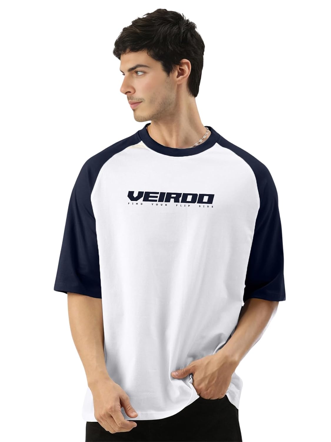 Veirdo® 100% Pure Cotton Oversized Loose Baggy Fit Drop Shoulder Round Neck Cool Front Chest Typographic Logo Printed Raglan Sleeve T-Shirt for Men (Colors: White, Black, Swanwhite, Beige & Grey) - Image 4