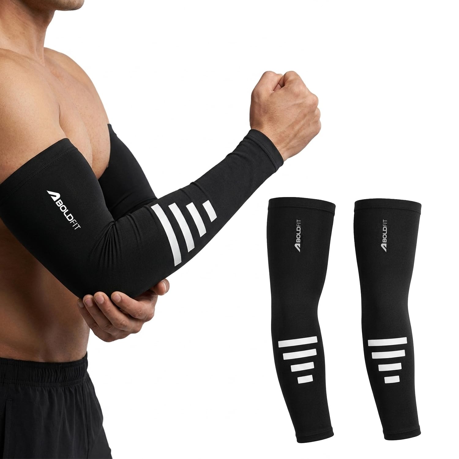 Boldfit Arm Sleeves for Men & Women UV Protection Hand Sleeve with Thumb for Boys & Girls Sun Protection Cover for Running, Bike Riding, Cricket - Nylon - Black & Off-White