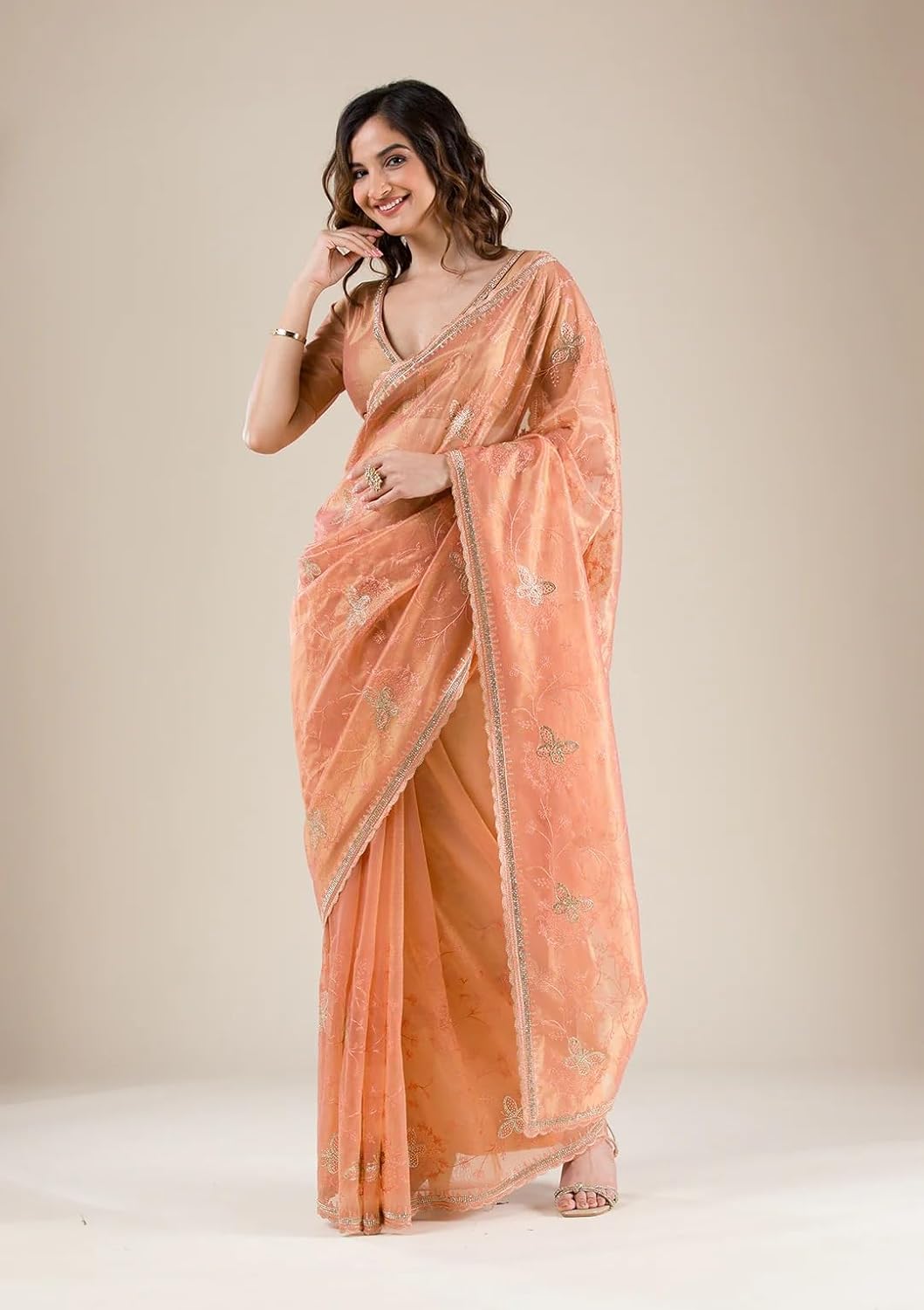 Women's Dual Tone Soft Net Sequin Embroidery, Siroski Work Saree with unstitched Blouse Piece - Image 8