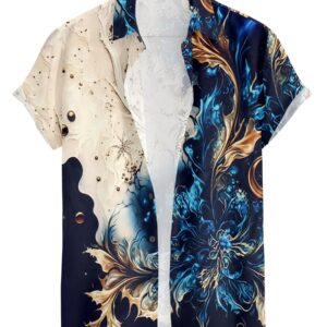 Men's Short Sleeve Button Up Shirt, Blue Gold Abstract Print, Casual Hawaiian Style