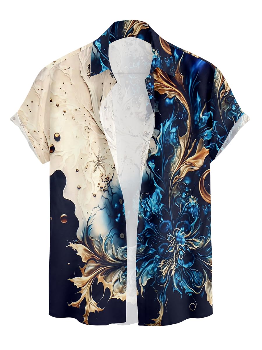 Men's Short Sleeve Button Up Shirt, Blue Gold Abstract Print, Casual Hawaiian Style