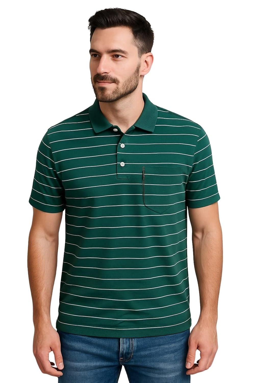 WILD ELEPHANT Men Striped Polo T-Shirt | Cotton Short Sleeve Polo Neck with Button | Chest Pocket Casual Wear - Image 7