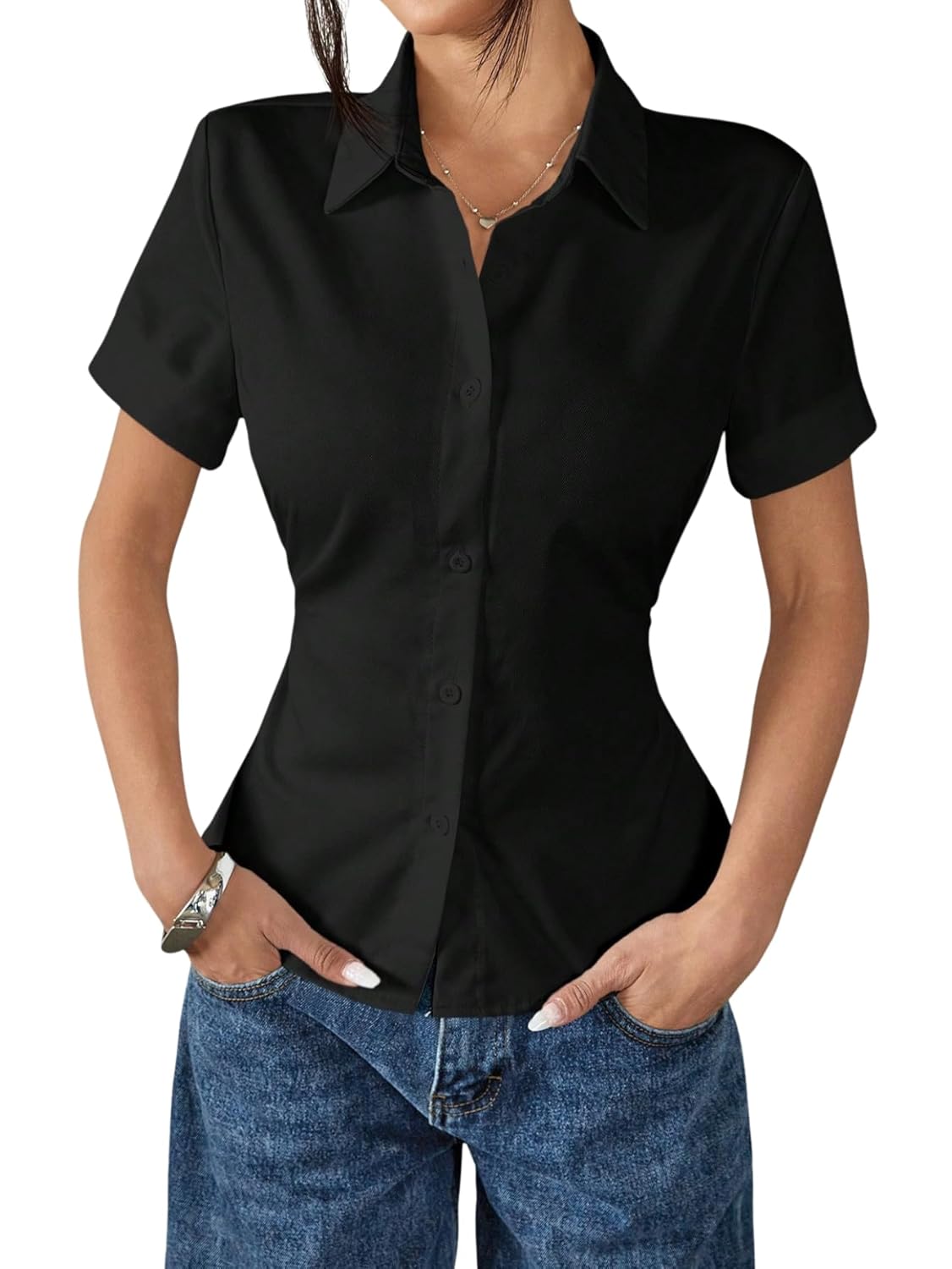 Aahwan White Solid Button-Down Striped Print Casual Short Sleeve Shirt for Women's & Girl's - Image 6