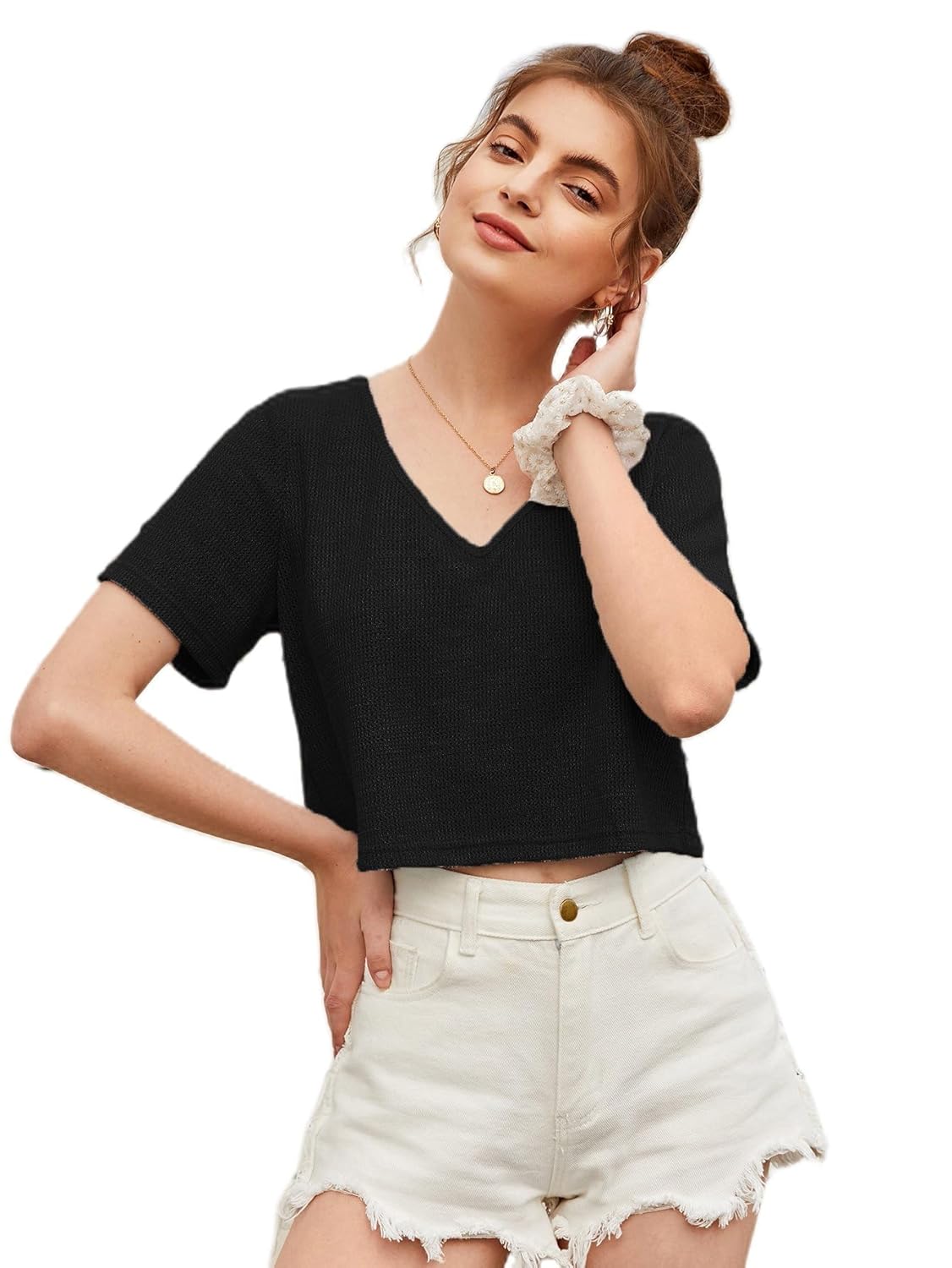 Zilcon Womens Fashion Crop Tops Summer Winter Baisc V Neck Casual Short Sleeve Crop Tops for Women | Women Fashion - Image 3