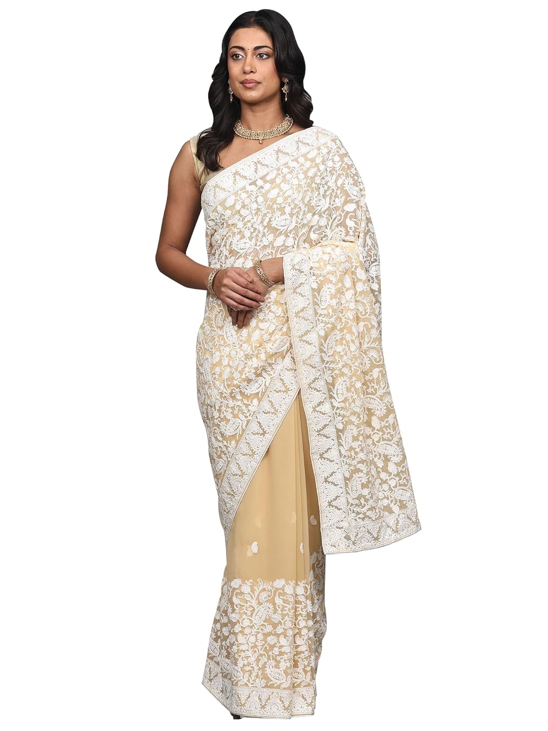 Exotic India Women's Kashmiri Georgette Saree with Aari Embroidered Flowers and Paisleys Jaal Design Saree with Blouse Piece