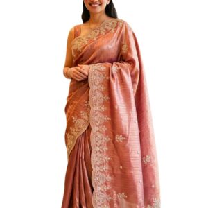 Women's Tissue Silk Saree with Zari Embroidery & Scalloped Borders | Designer Partty Wear Ethnic Saree with Unstitched Blouse Piece