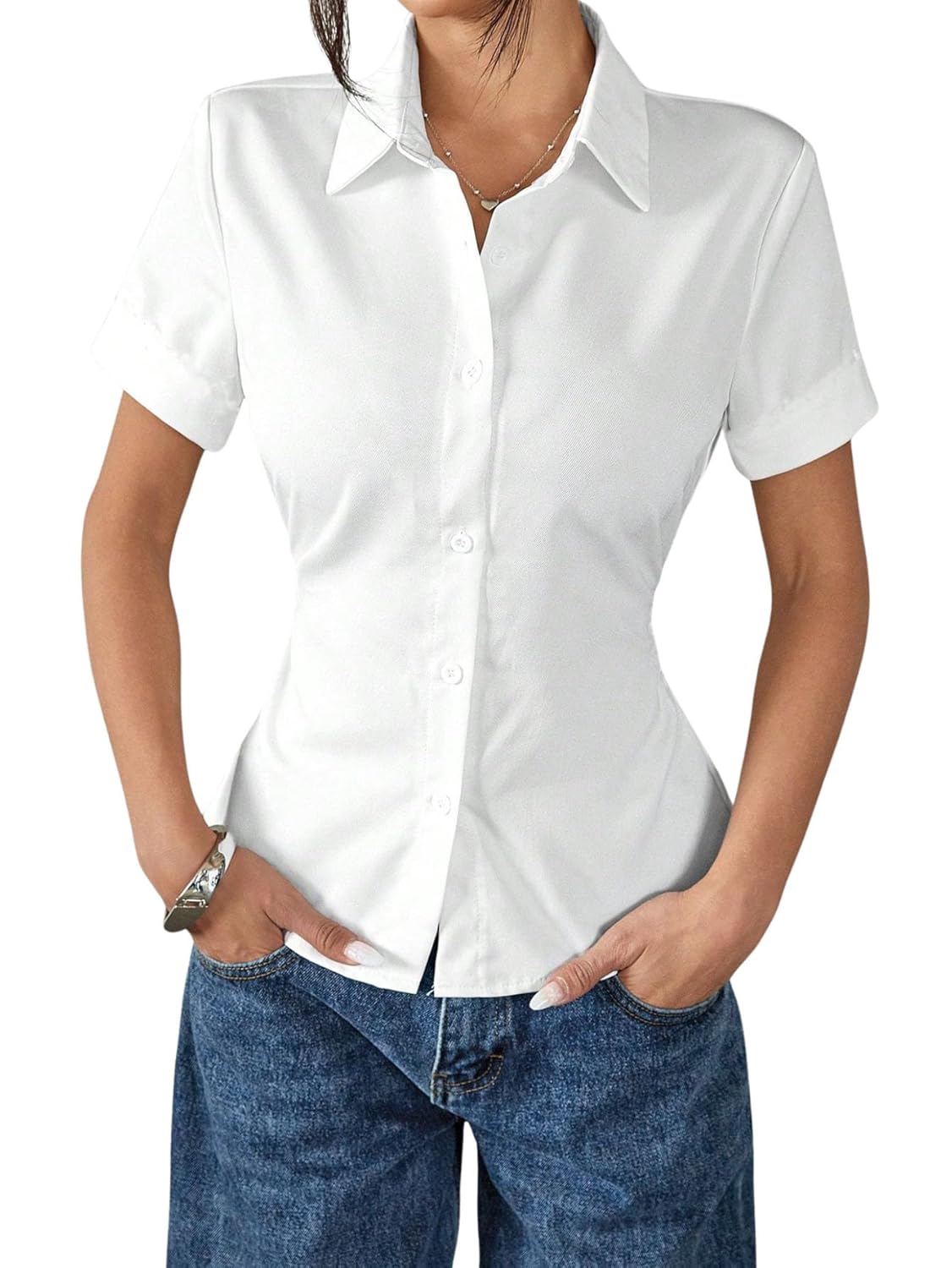 Aahwan White Solid Button-Down Striped Print Casual Short Sleeve Shirt for Women's & Girl's - Image 2