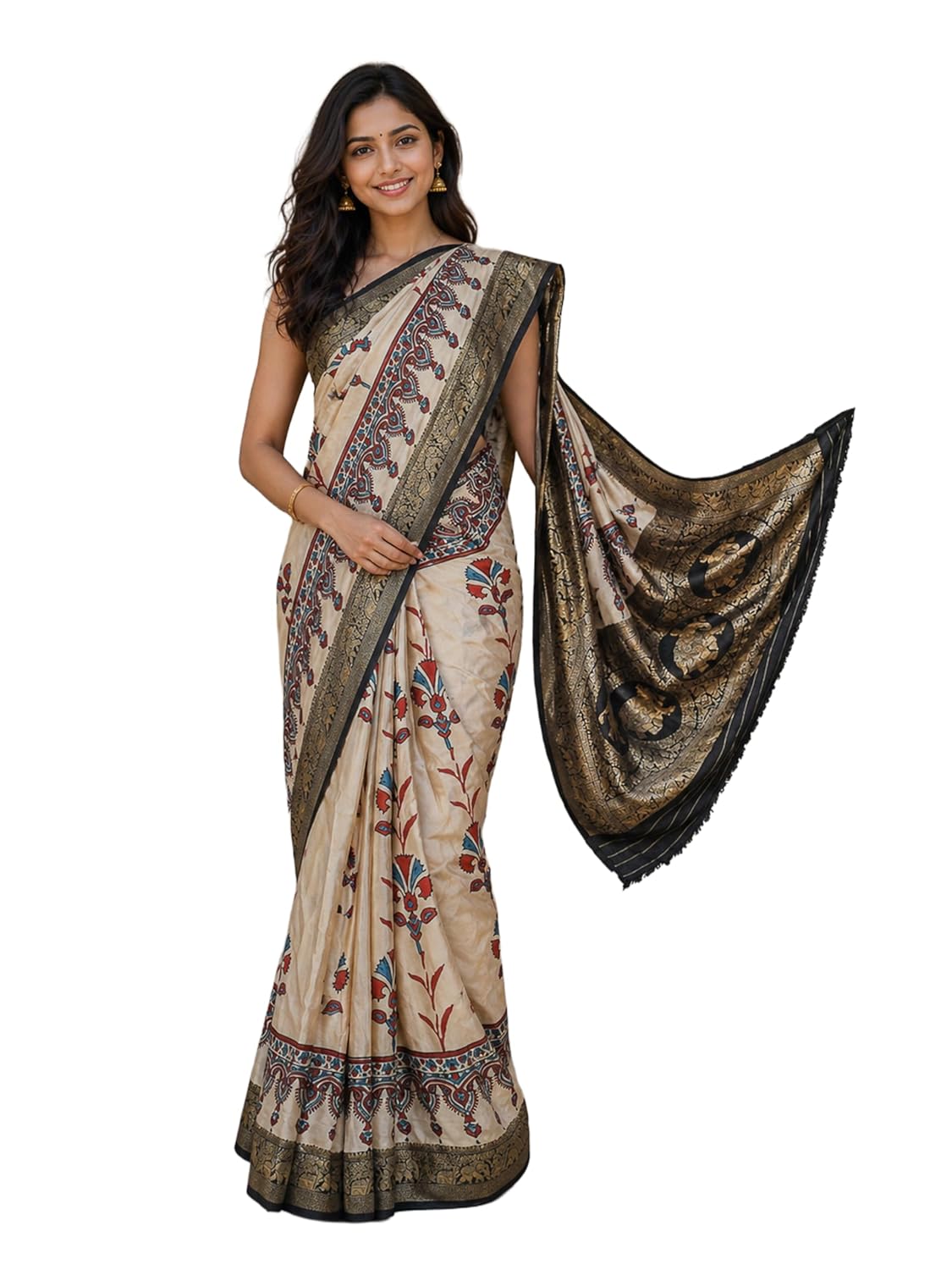 Ethnics of Kutch Ajrakh Dola Silk Saree for Women |Natural Dye Hand Block Print | Nakshi Jari Pallu and All Around Border | Unstitched Blouse Piece | 5.5 Mtr Length