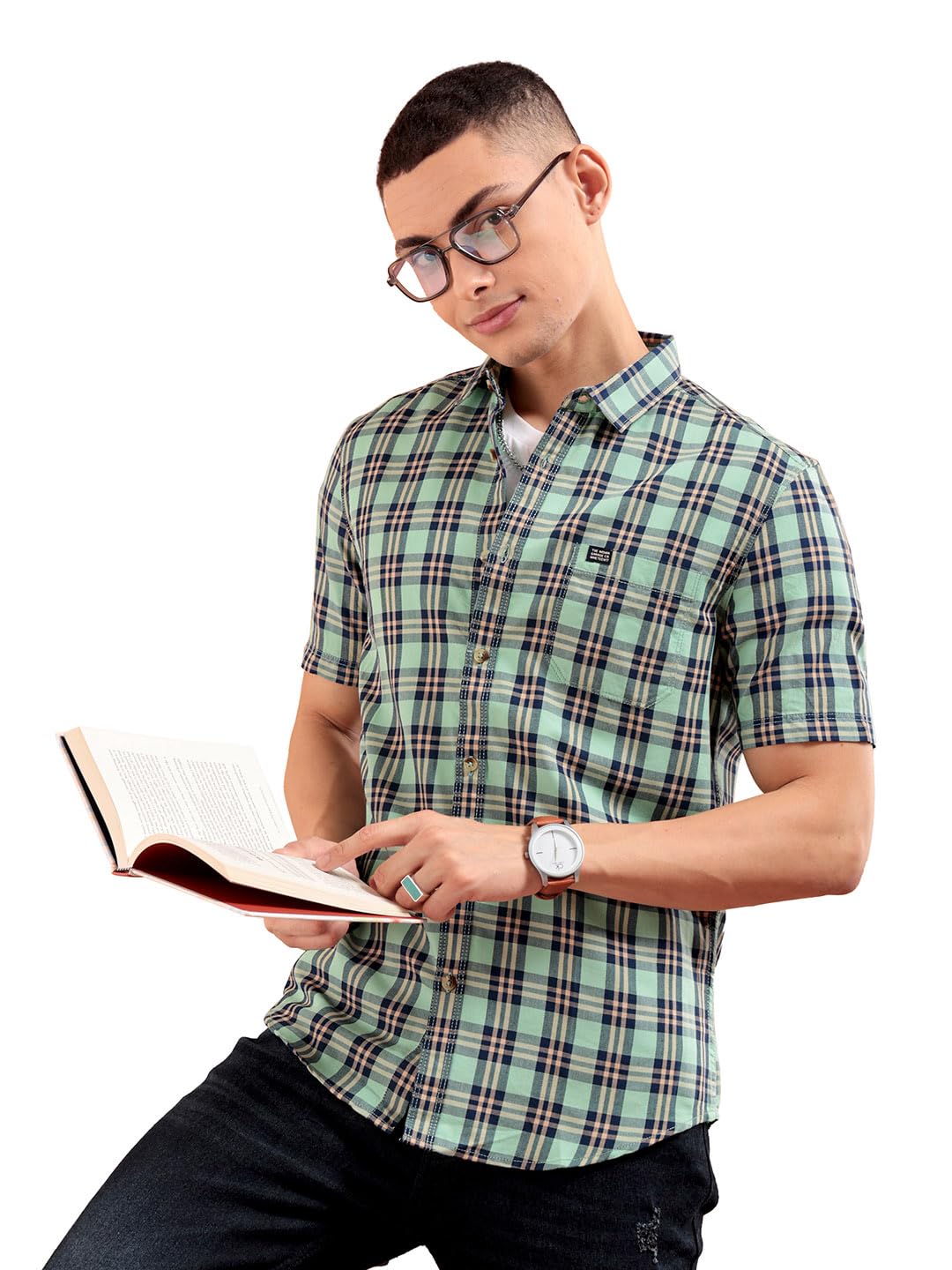 The Indian Garage Co Men Slim Fit Checkered Half Sleeves Spread Collar Casual Shirt - Image 8