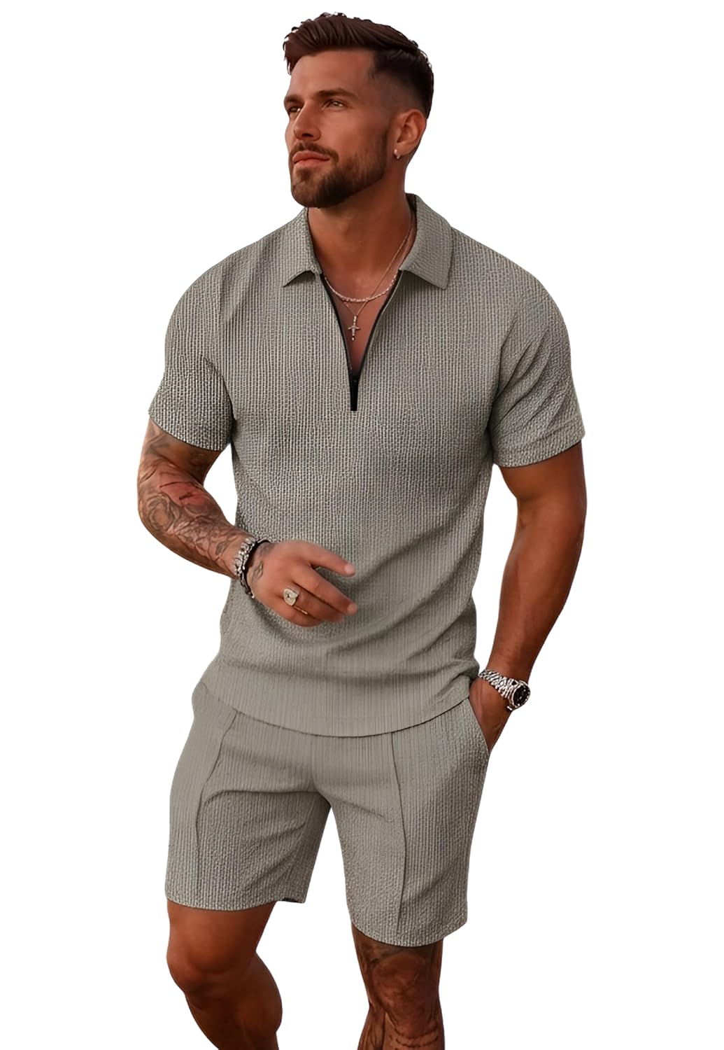 Jawdrobe Men's Polo T-Shirt and Shorts Co-Ord Set | Summer Casual Matching Outfit | Breathable Casual Two Piece Set for Beach | Travel | Vacation Wear - Image 2