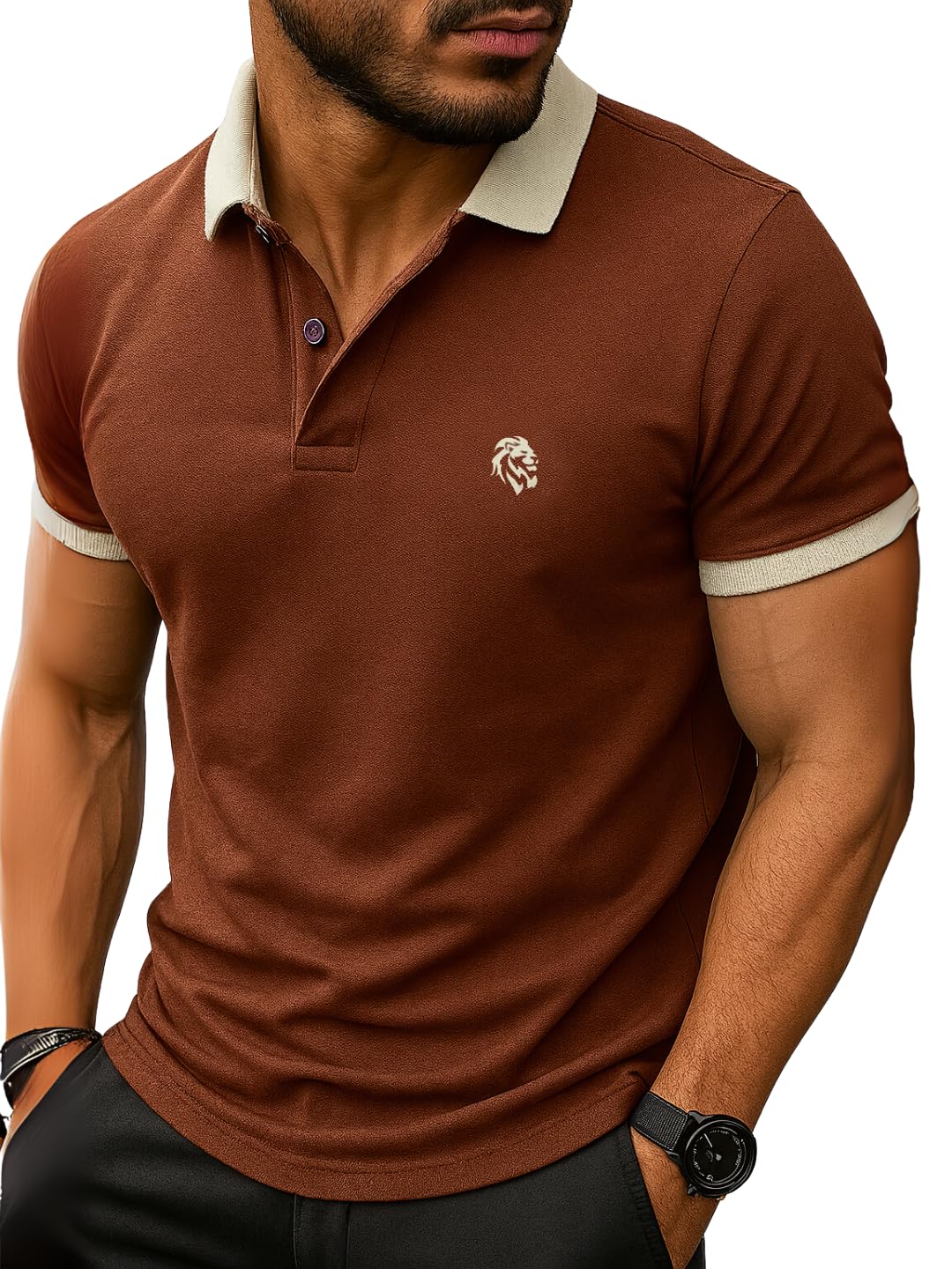 LEOTUDE Men's Polo Neck Matty Half Sleeve Collor Solid Regular Fit Tshirts (Brown) - Image 2