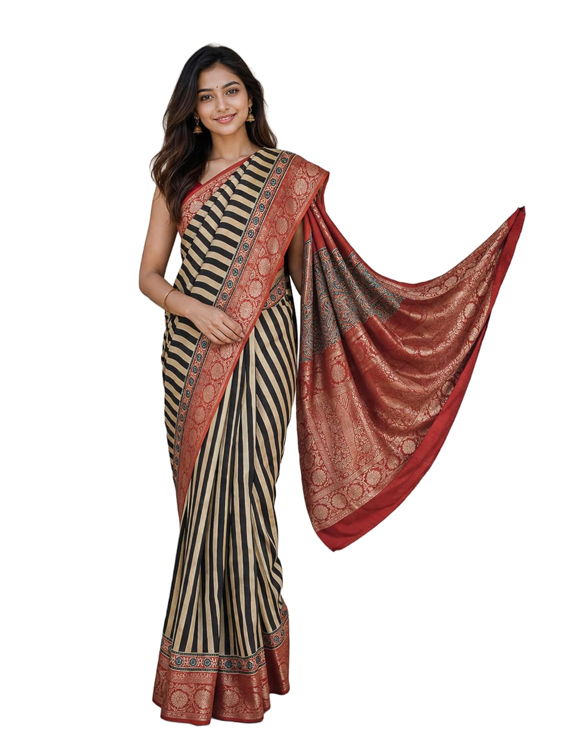 Ethnics of Kutch Ajrakh Dola Silk Saree for Women |Natural Dye Hand Block Print | Nakshi Jari Pallu and All Around Border | Unstitched Blouse Piece | 5.5 Mtr Length - Image 2
