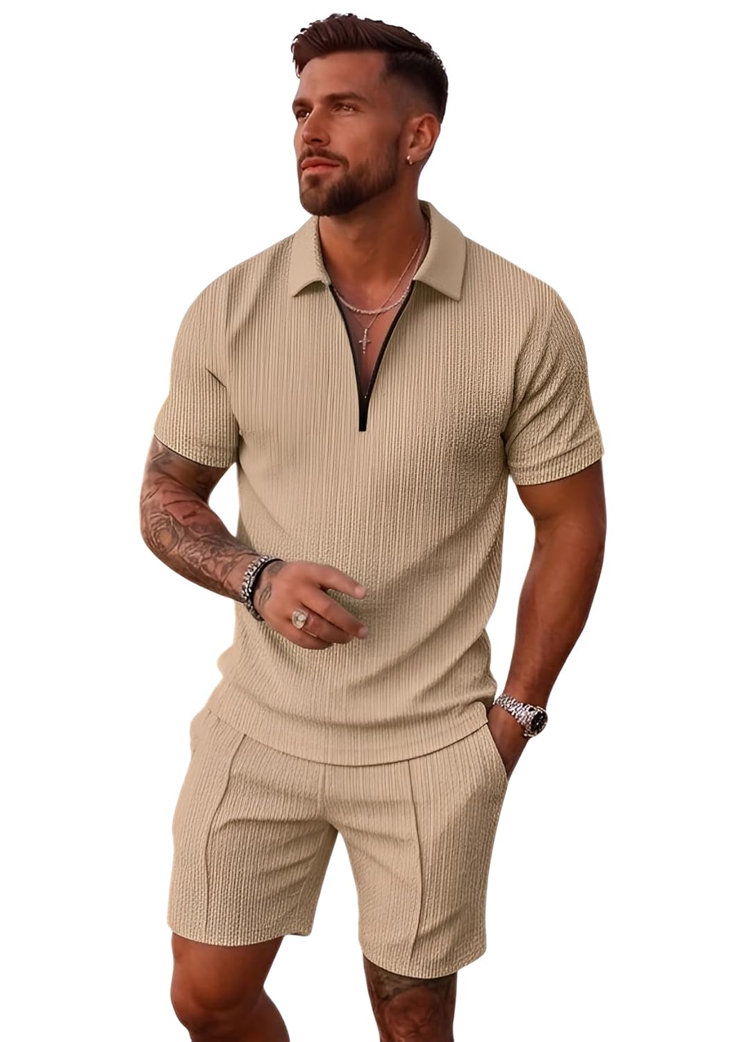 Jawdrobe Men's Polo T-Shirt and Shorts Co-Ord Set | Summer Casual Matching Outfit | Breathable Casual Two Piece Set for Beach | Travel | Vacation Wear