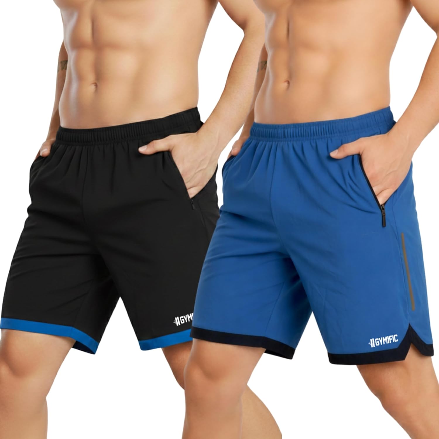 GYMIFIC Sports Training Running Dry Fit Solid Shorts for Men (Pack of 2) (XL, Black/TBLUE)