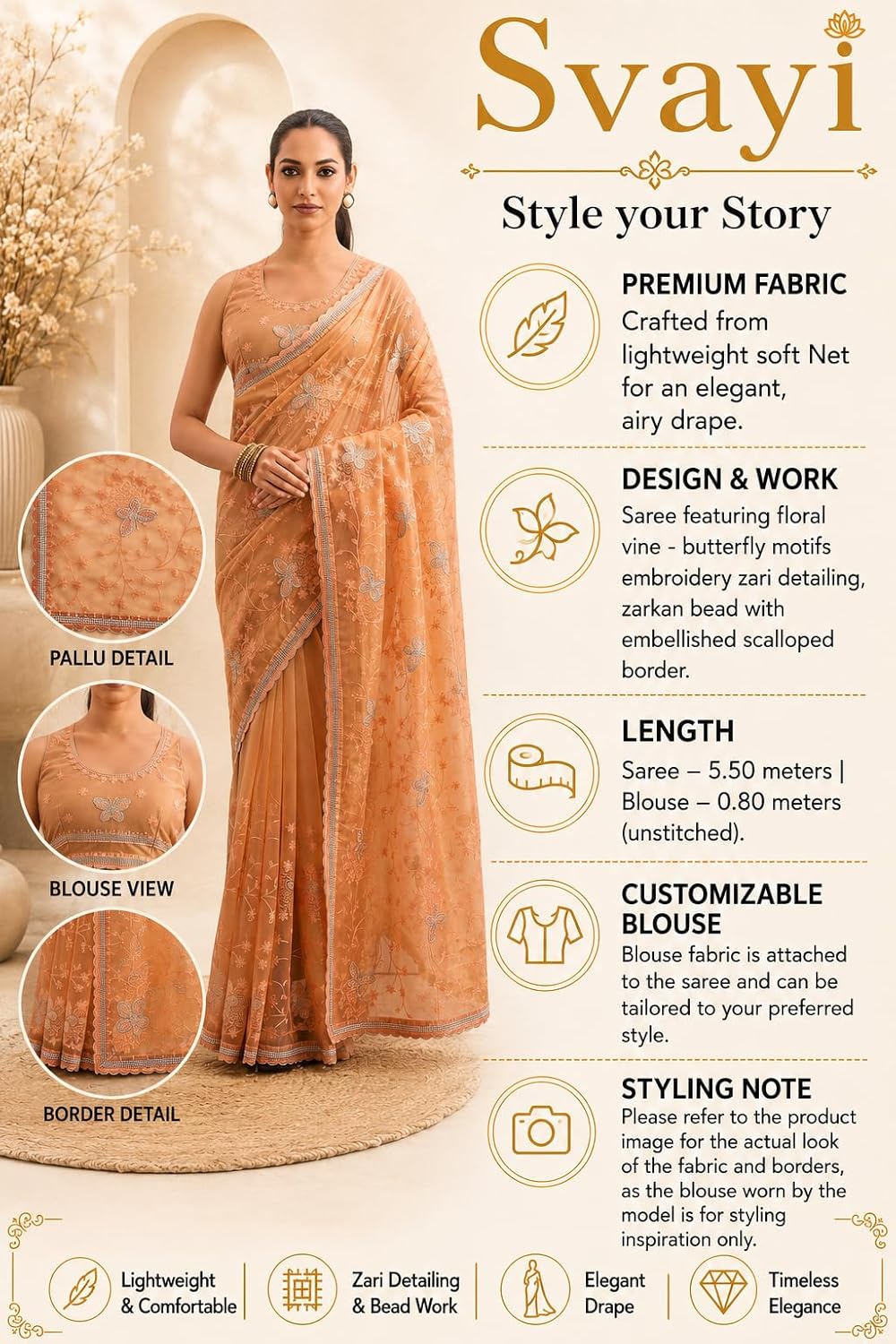 Women's Dual Tone Soft Net Sequin Embroidery, Siroski Work Saree with unstitched Blouse Piece - Image 3