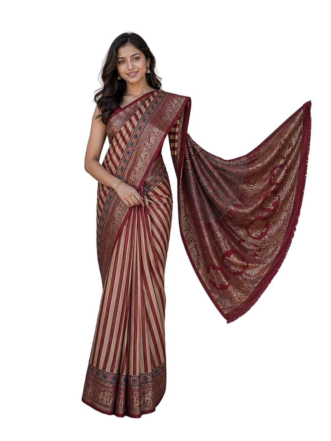 Ethnics of Kutch Ajrakh Dola Silk Saree for Women |Natural Dye Hand Block Print | Nakshi Jari Pallu and All Around Border | Unstitched Blouse Piece | 5.5 Mtr Length - Image 9