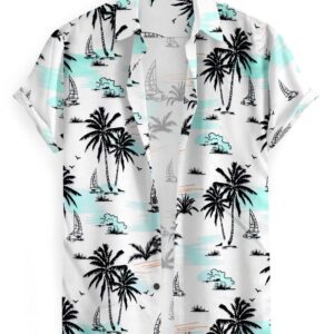 Men's Hawaiian Shirt, Short Sleeve Button Down, Palm Tree and Sailboat Print, White and Mint Green