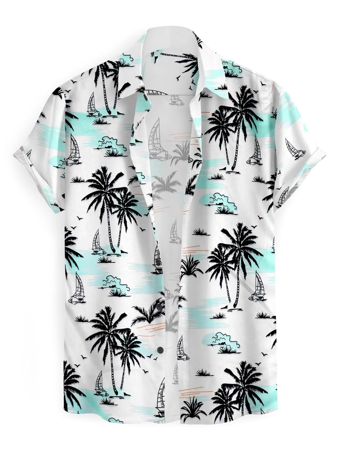 Men's Hawaiian Shirt, Short Sleeve Button Down, Palm Tree and Sailboat Print, White and Mint Green