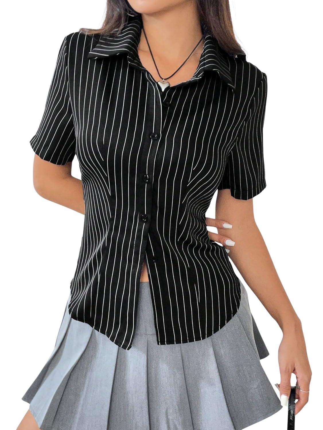 Aahwan White Solid Button-Down Striped Print Casual Short Sleeve Shirt for Women's & Girl's - Image 5