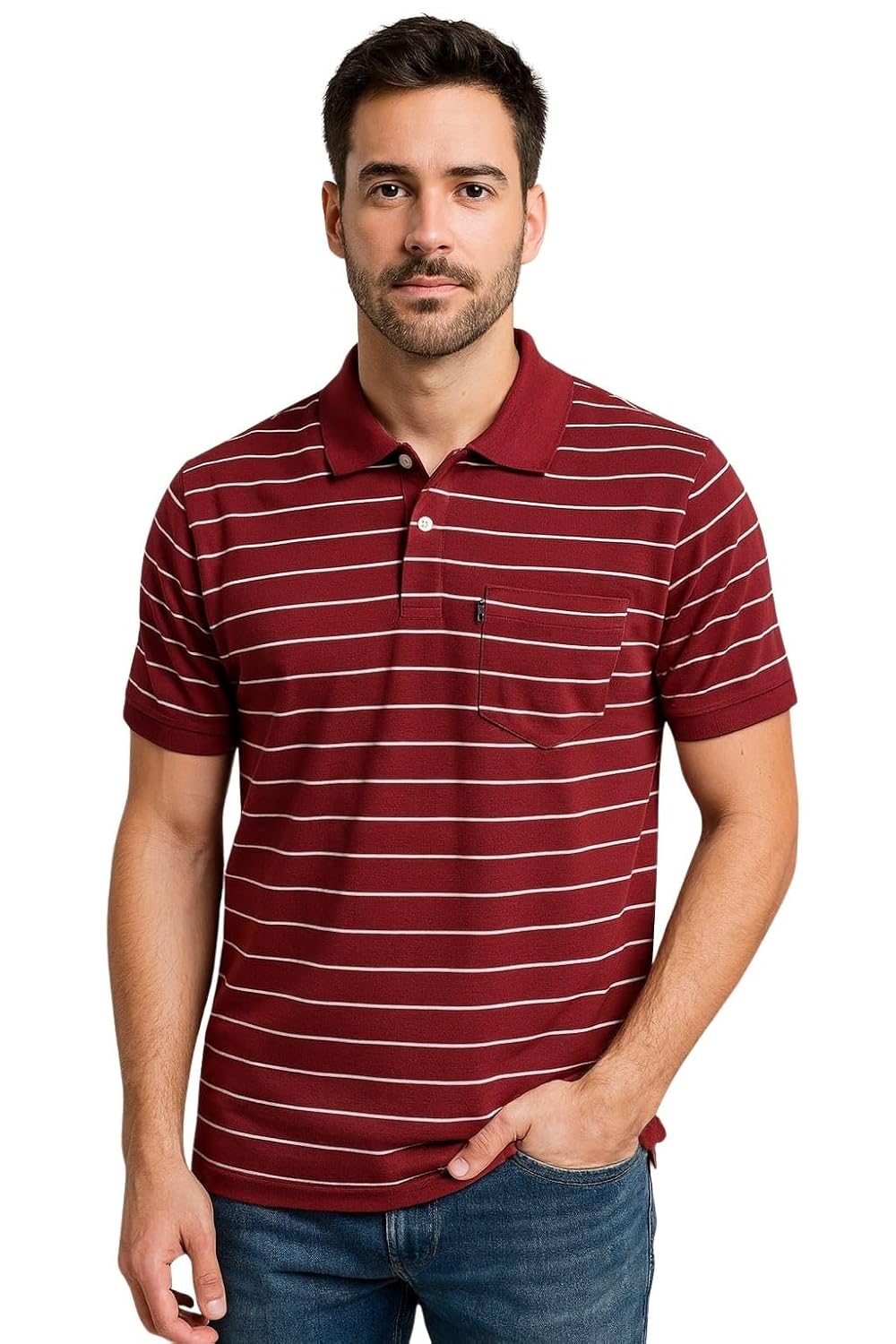 WILD ELEPHANT Men Striped Polo T-Shirt | Cotton Short Sleeve Polo Neck with Button | Chest Pocket Casual Wear - Image 8