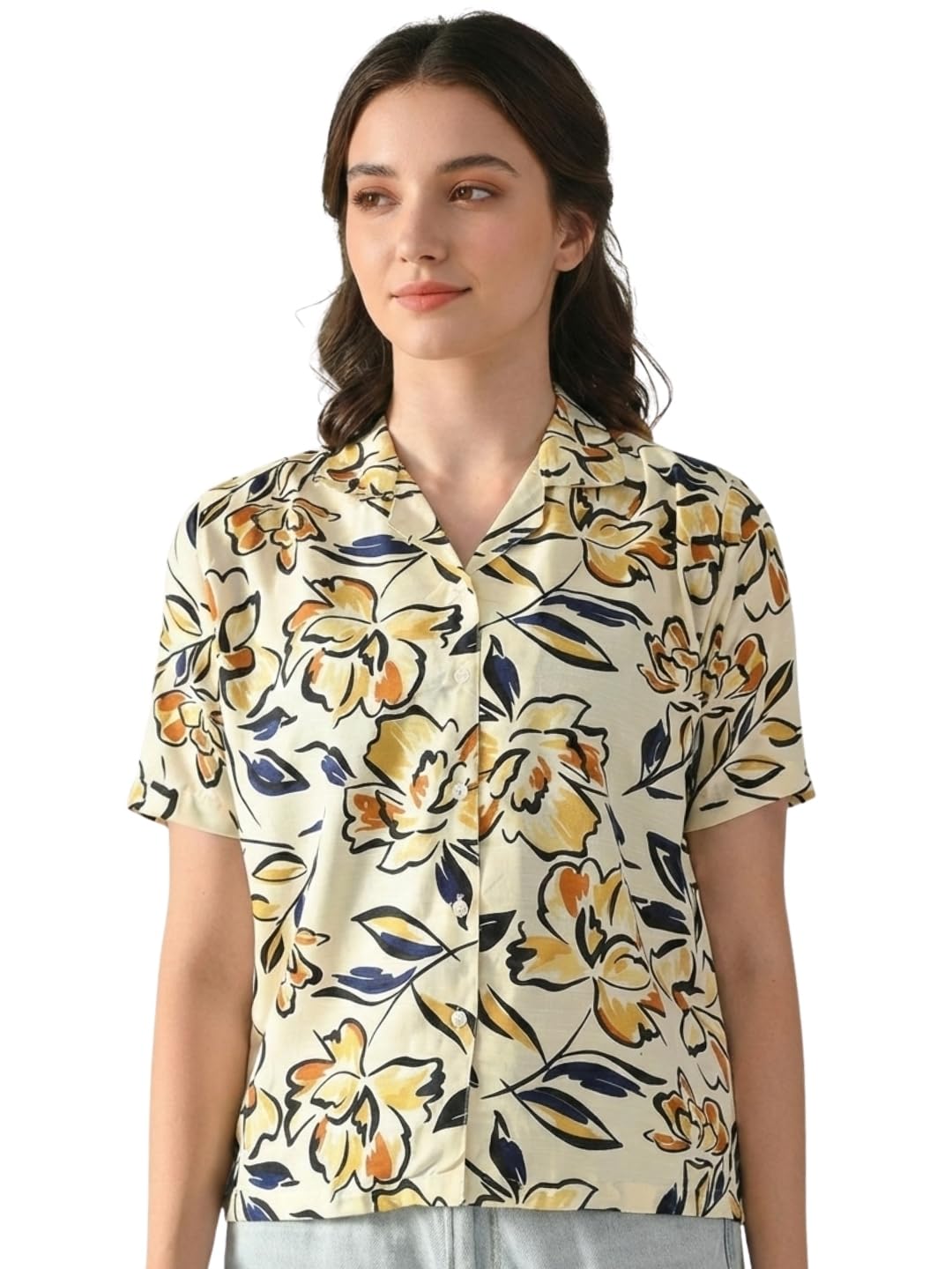 Premium Floral Printed Shirt for Women with Short Sleeves, Ultra-Soft Cotton Blend, Regular Fit Womens Stylish Shirt Casual, Formal, Party, Beach, Summer Wear