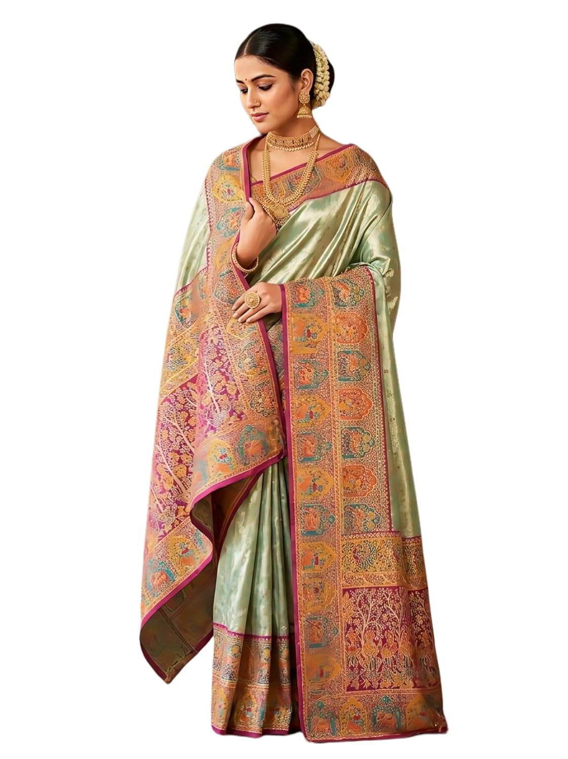 Women's Tissue Silk Saree with Zari Embroidery & Scalloped Borders | Designer Partty Wear Ethnic Saree with Unstitched Blouse Piece - Image 7