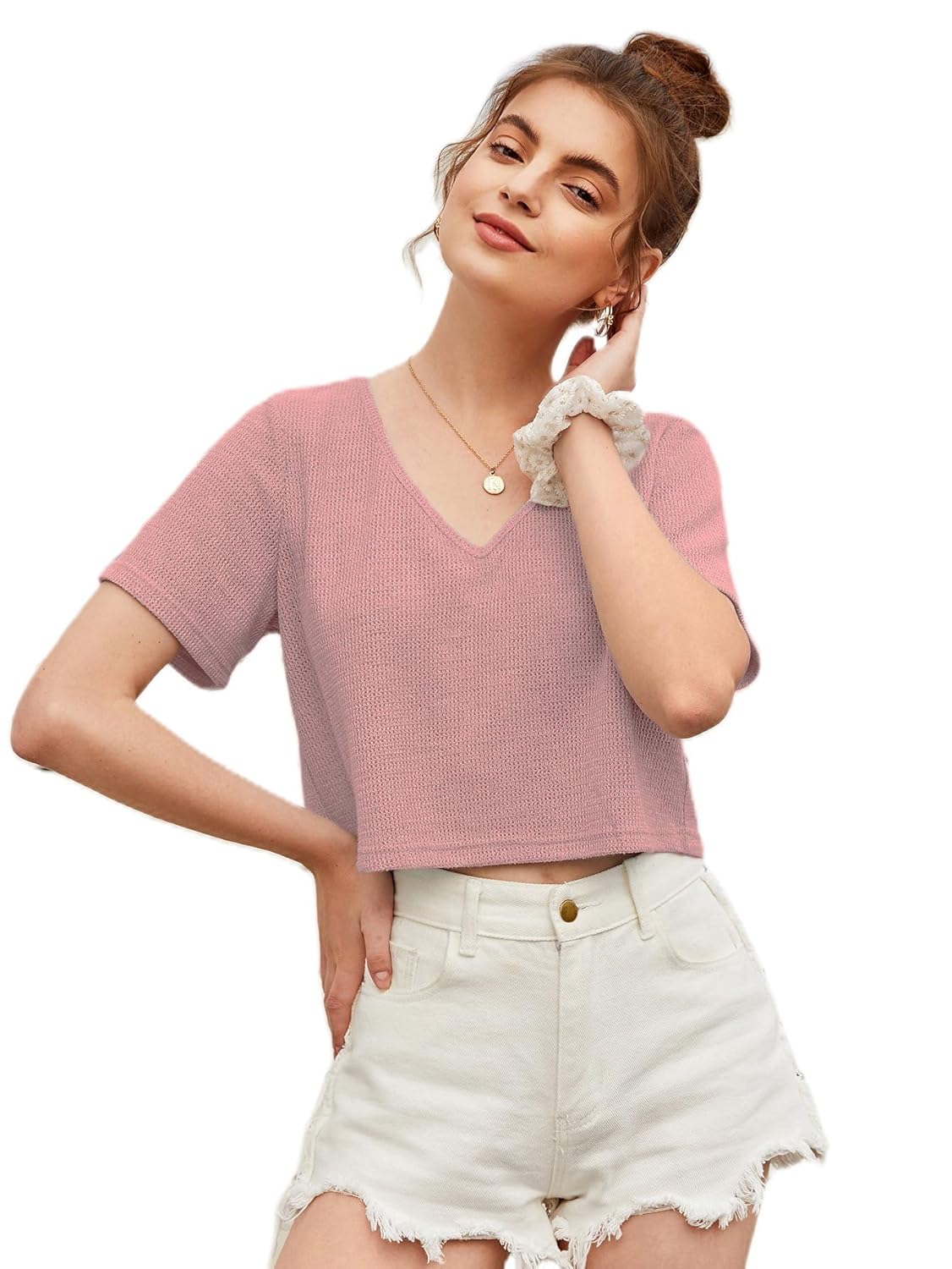 Zilcon Womens Fashion Crop Tops Summer Winter Baisc V Neck Casual Short Sleeve Crop Tops for Women | Women Fashion - Image 2