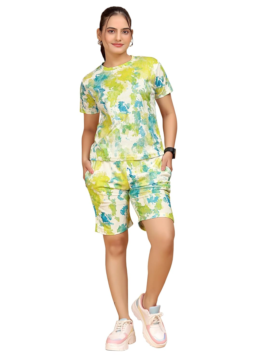 Tie & Dye Printed Women's Cotton Lycra Loungewear Set | Short Sleeve T-Shirt & Shorts Co-ord Night Suit | Soft & Comfortable Homewear - Image 2