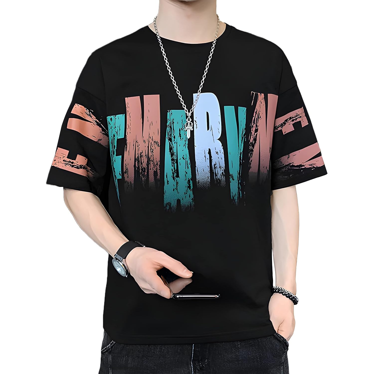 London Hills Men's Cotton Oversized Fit Casual Printed Round Neck, Oversized Longline Drop Shoulder Boho Style T-Shirt - Image 7