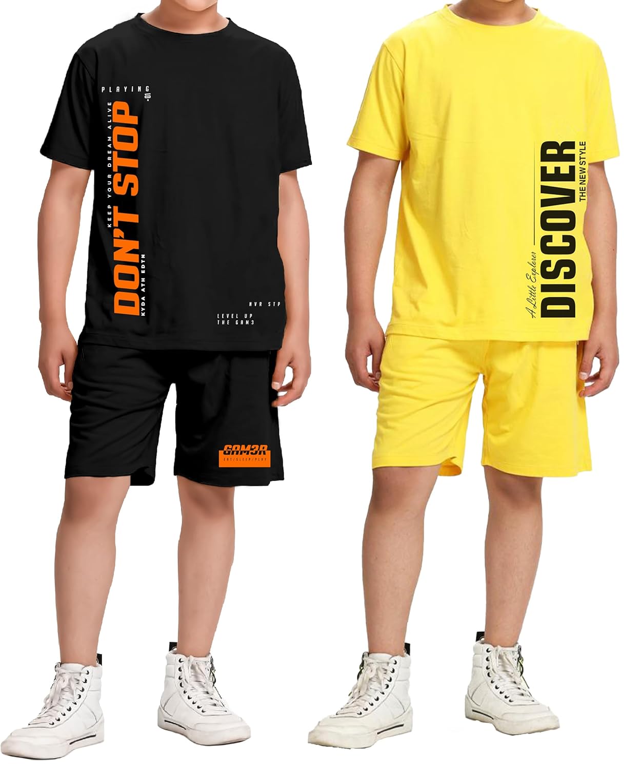 KYDA KIDS® Boy's 100% Pure Cotton Premium Printed Relaxed Fit Tshirt and Shorts Set | Drop Shoulder Tshirt (Pack of 2)
