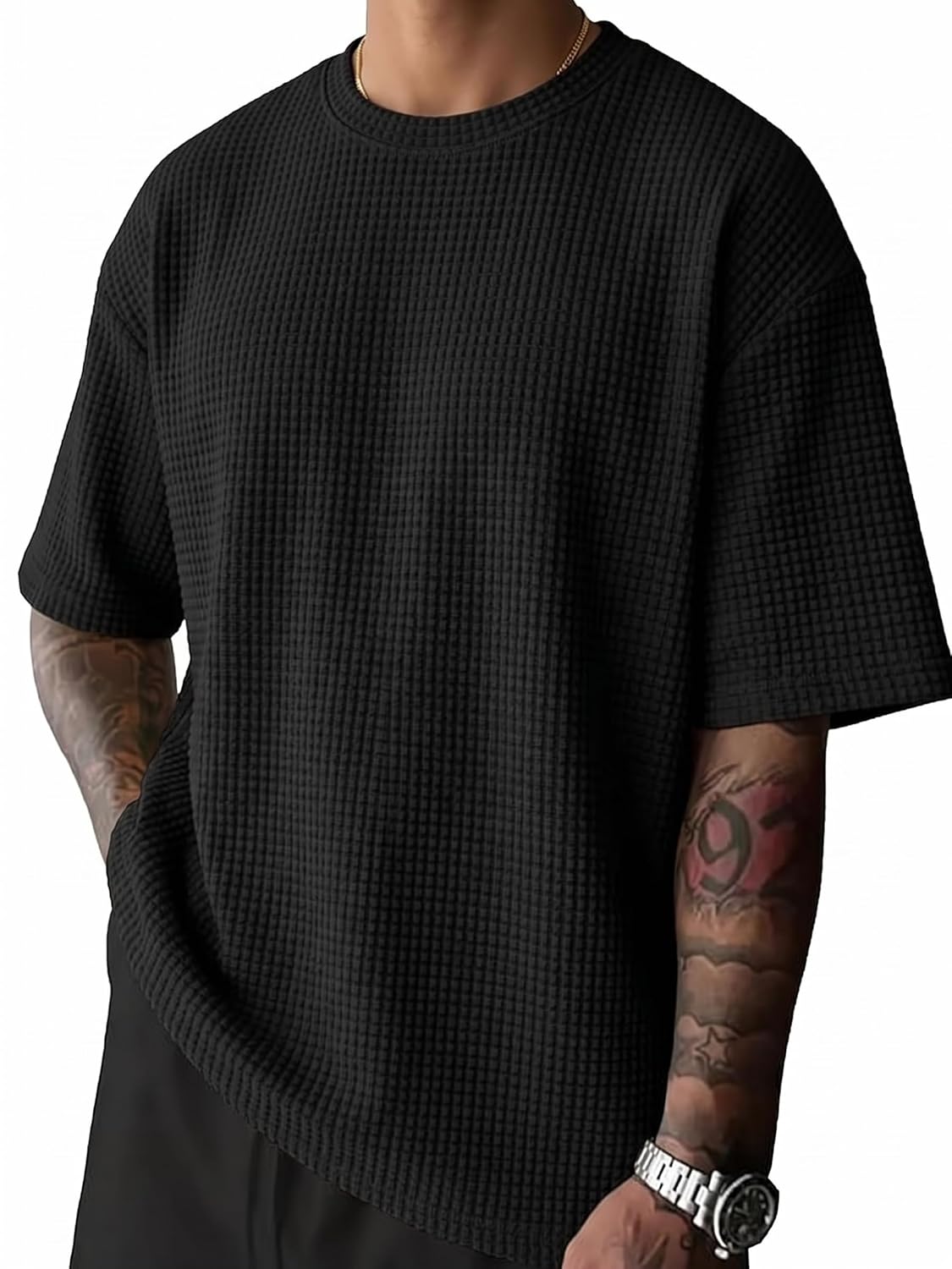 RodZen Men Waffel Texture Loose Fit Round Neck Half Sleeve Polycotton Tshirt - Image 6