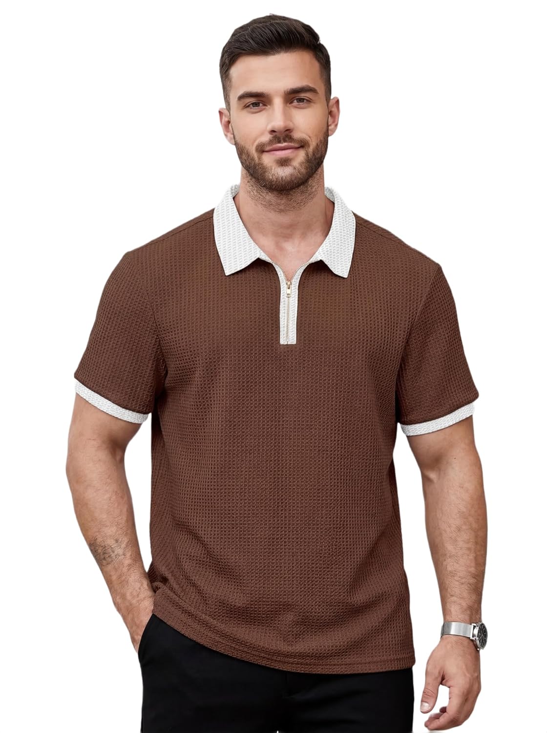 KAJARU Men's Waffle Knit Polo T-Shirt, Short Sleeve, Zip Collar with White Trim (POLO-8034)