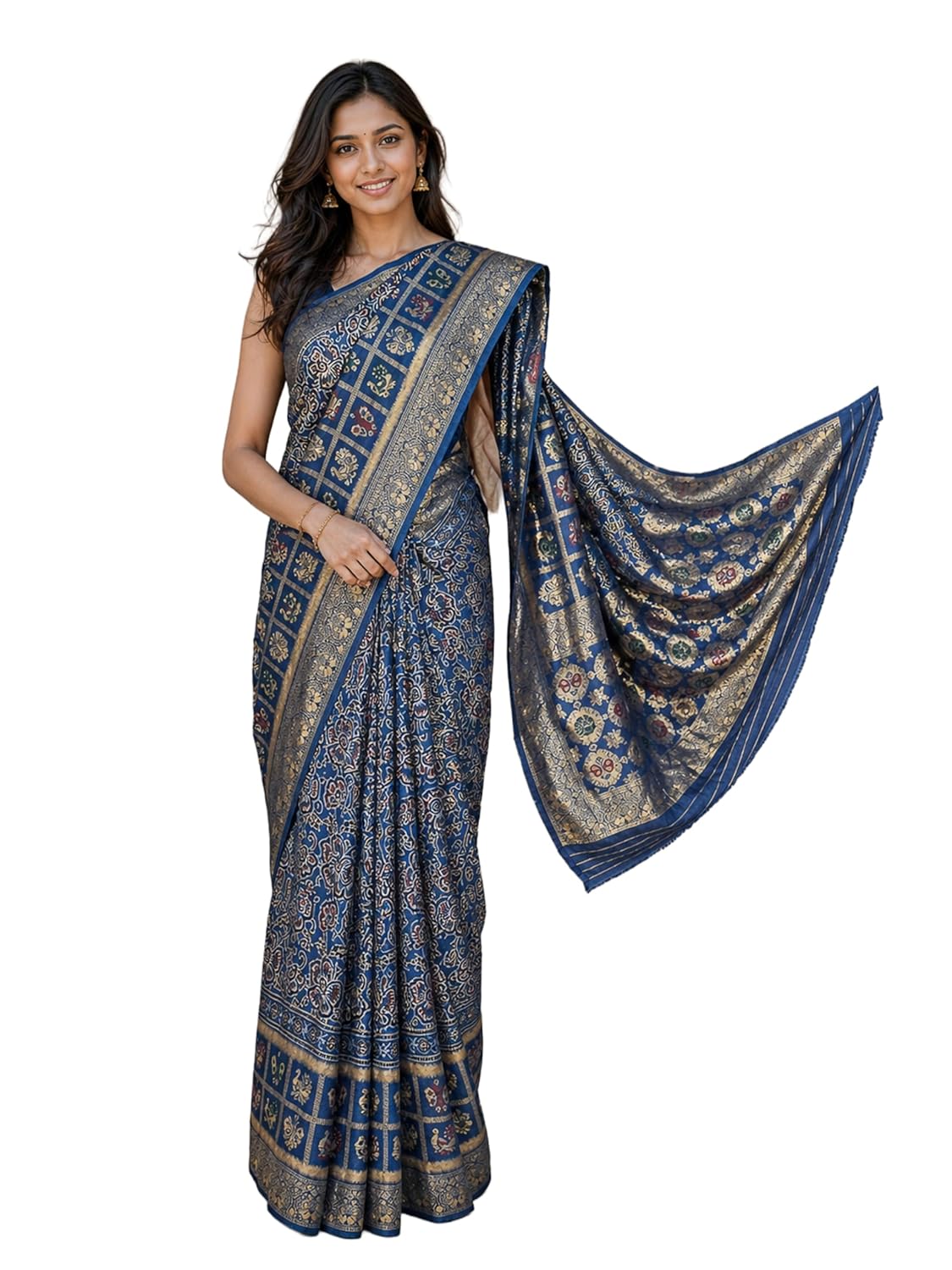 Ethnics of Kutch Ajrakh Dola Silk Saree for Women |Natural Dye Hand Block Print | Nakshi Jari Pallu and All Around Border | Unstitched Blouse Piece | 5.5 Mtr Length - Image 8
