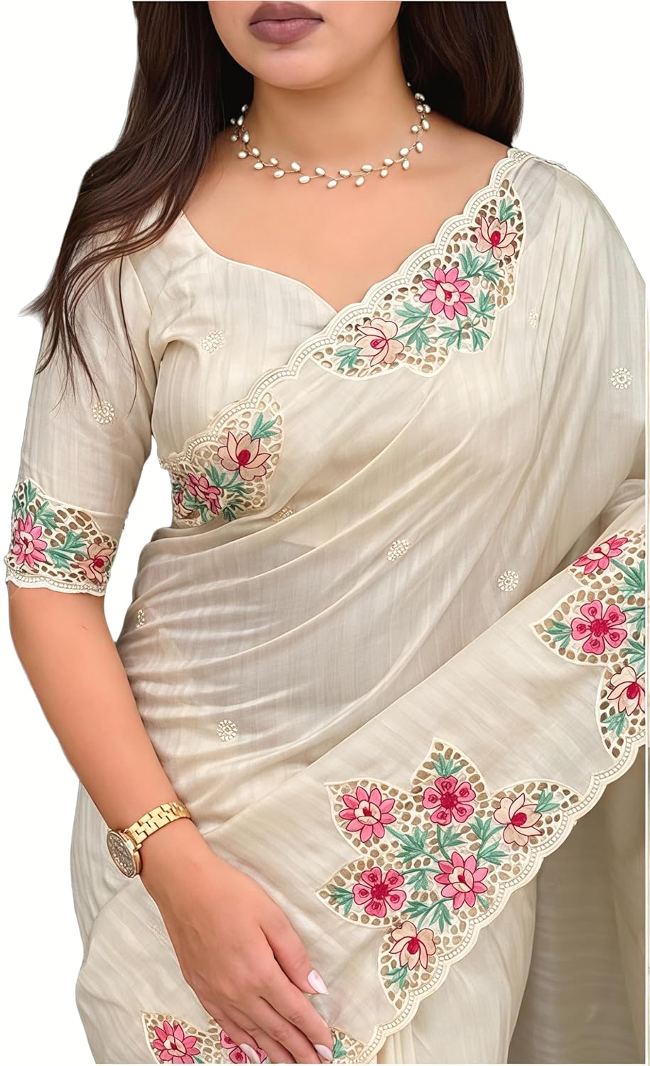 Women's Floral Thread Embroidered Cut Work Tussar Cotton Saree With Blouse