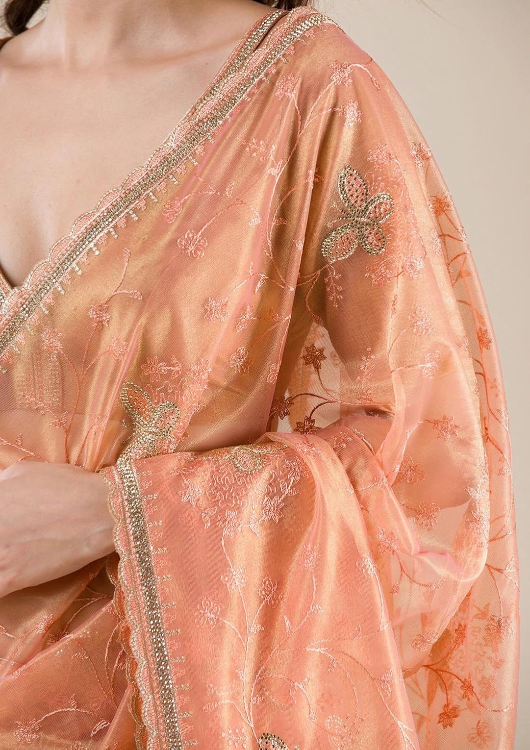 Women's Dual Tone Soft Net Sequin Embroidery, Siroski Work Saree with unstitched Blouse Piece - Image 4