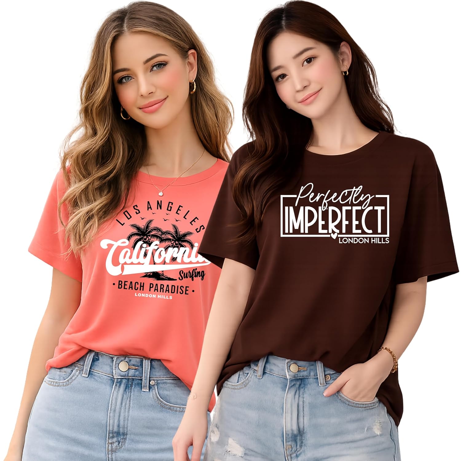 London Hills Women's Loose Fit Printed Cotton T-Shirt Pack of 2 | Casual Round Neck Half Sleeve Graphic Tee | Breathable Summer Top for College, Travel & Outing - Image 4